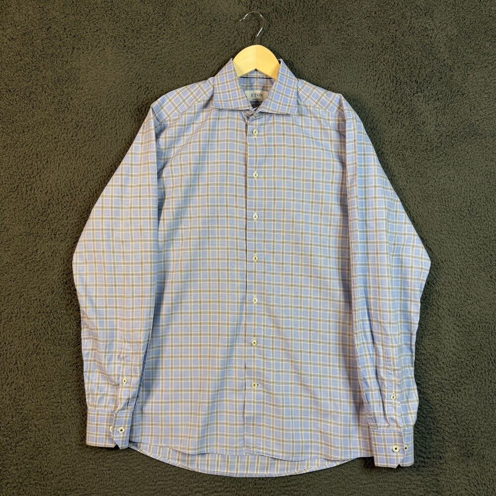 Eton Dress Shirt Mens 16.5 Blue Plaid Contemporary Fit Spread Collar Formal